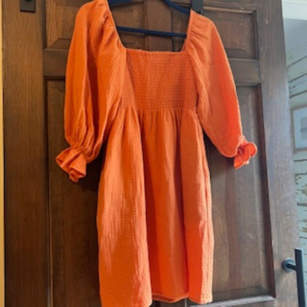 Kourt Portia Smocked Puff Sleeve Dress – bright but subdued Burnt Orange